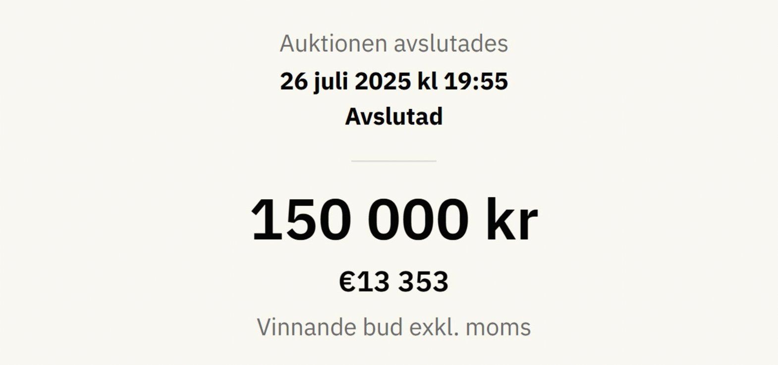 Slutresultatet på auktionen med Vikens TimetoGo på Travera.nu lørdag aften.