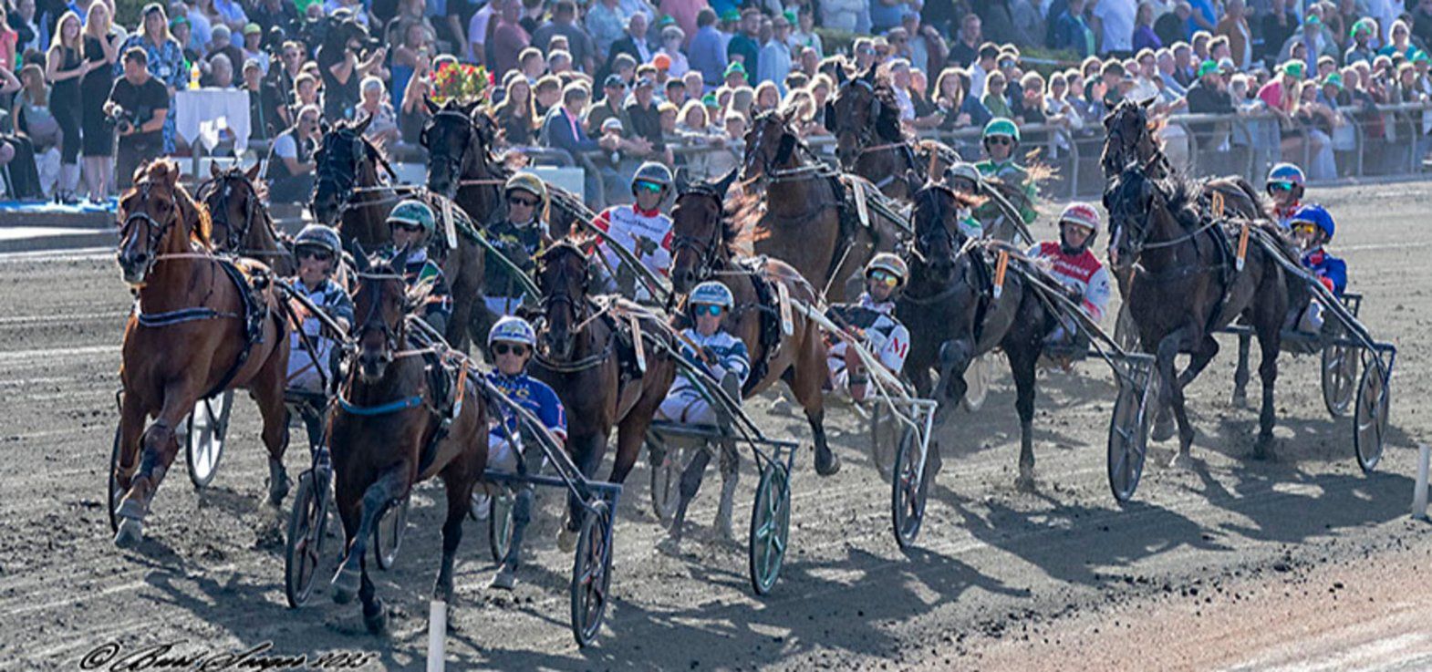 Kreadlys Lew i spids i Dansk Trav Derby 2025 på vej ud på sidste omgang.