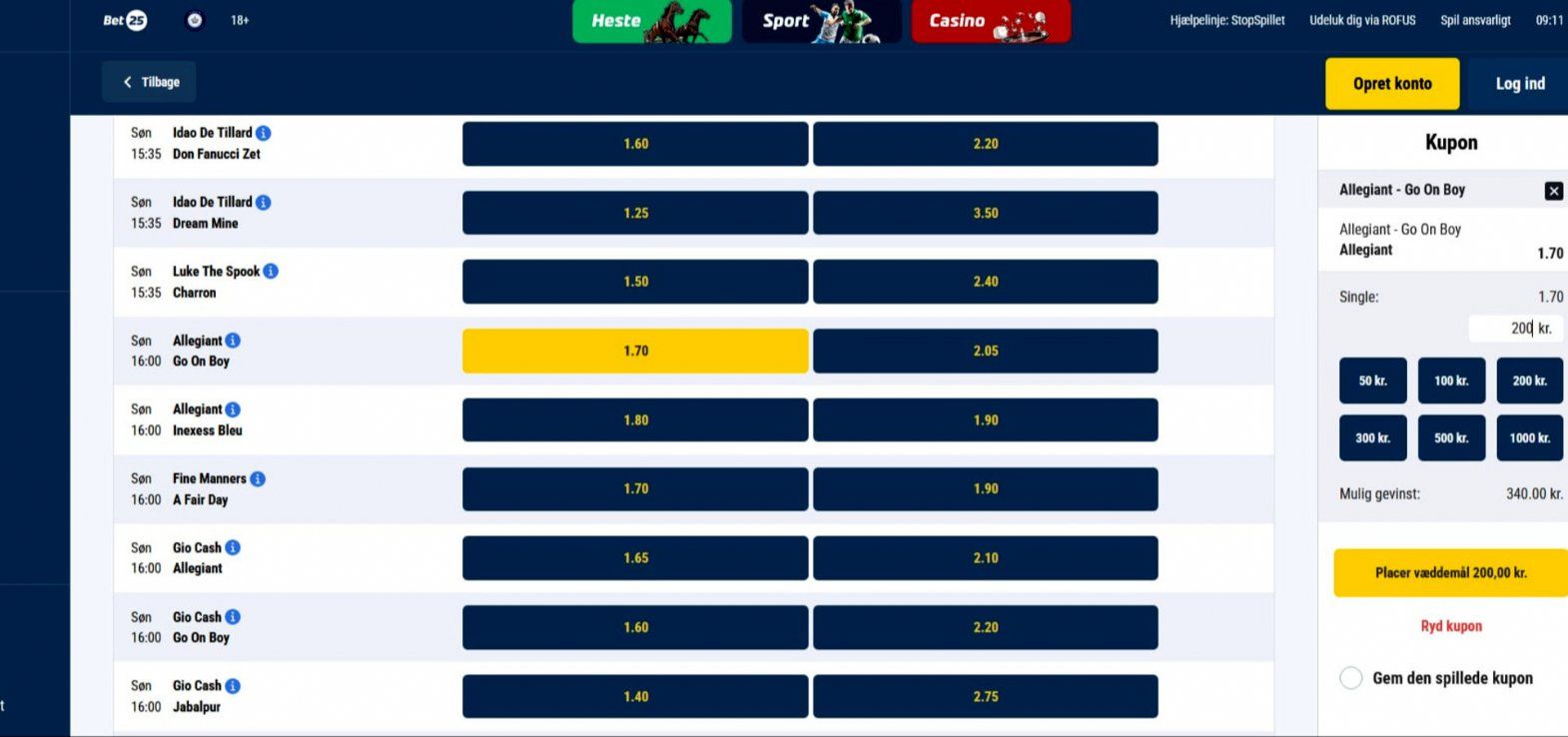 Bet25.dk/sport byder på masser af Head2head væddemål og faste odds ifm. Elitloppet.