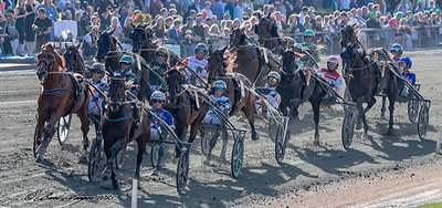 Kreadlys Lew i spids i Dansk Trav Derby 2025 på vej ud på sidste omgang.